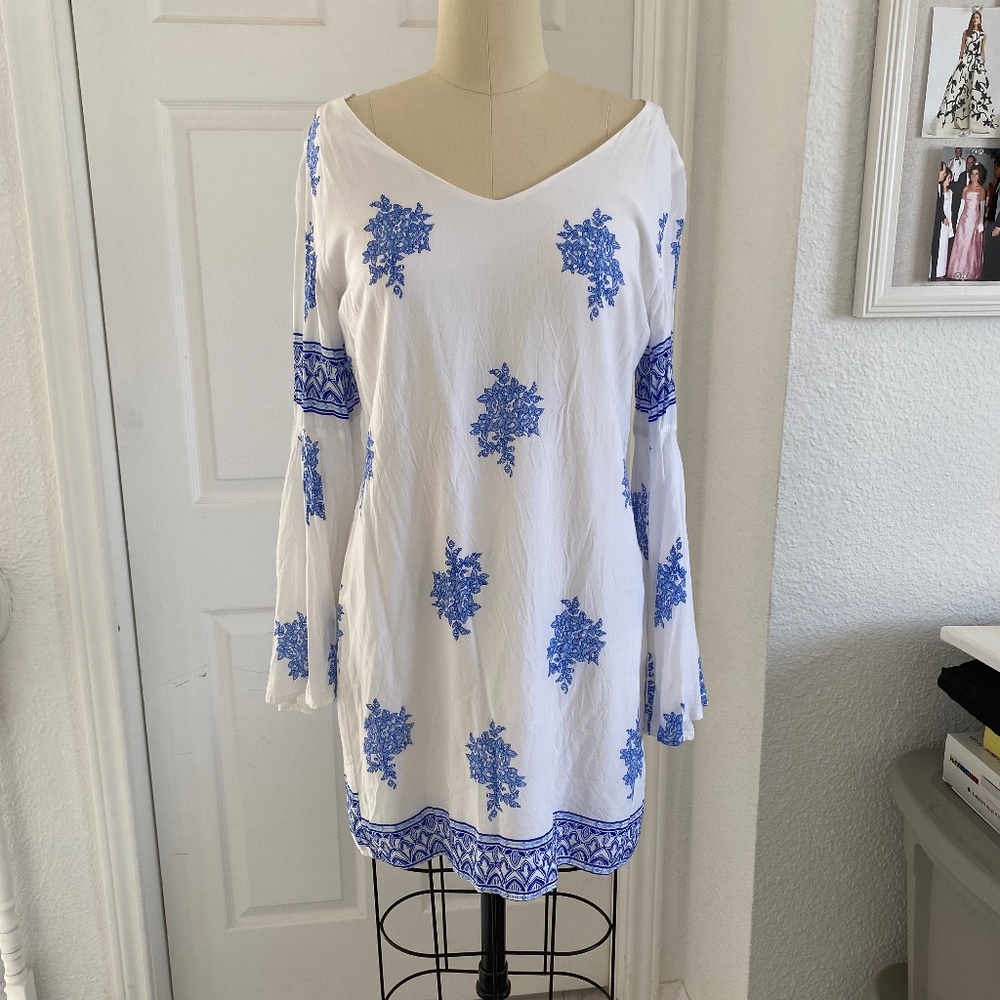 White and Blue Bell Sleeve Dress